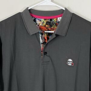 Robert Graham Skull Rose Polo Short Sleeve Shirt Mens Medium Classic Fit Gray